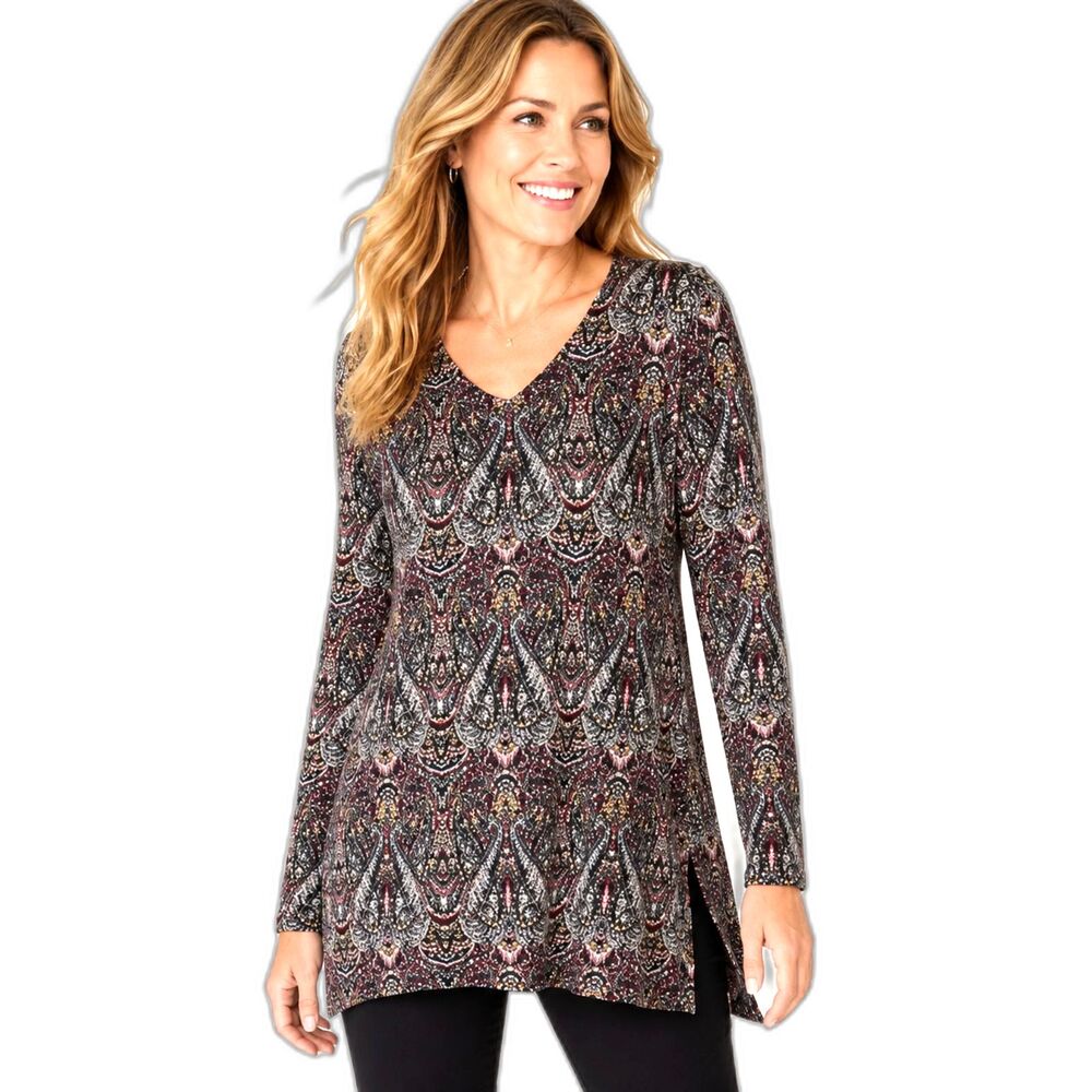 J Jill Tunic Top Womens M Blue Multicolor Floral Paisley Soft Modal Stretch Boho